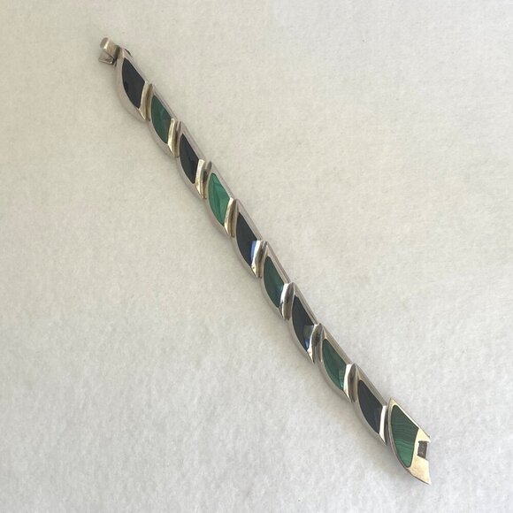 VTG 950 Silver Heavy Taxco Mexico Modernist Style Malachite Onyx Link Bracelet - Picture 6 of 16